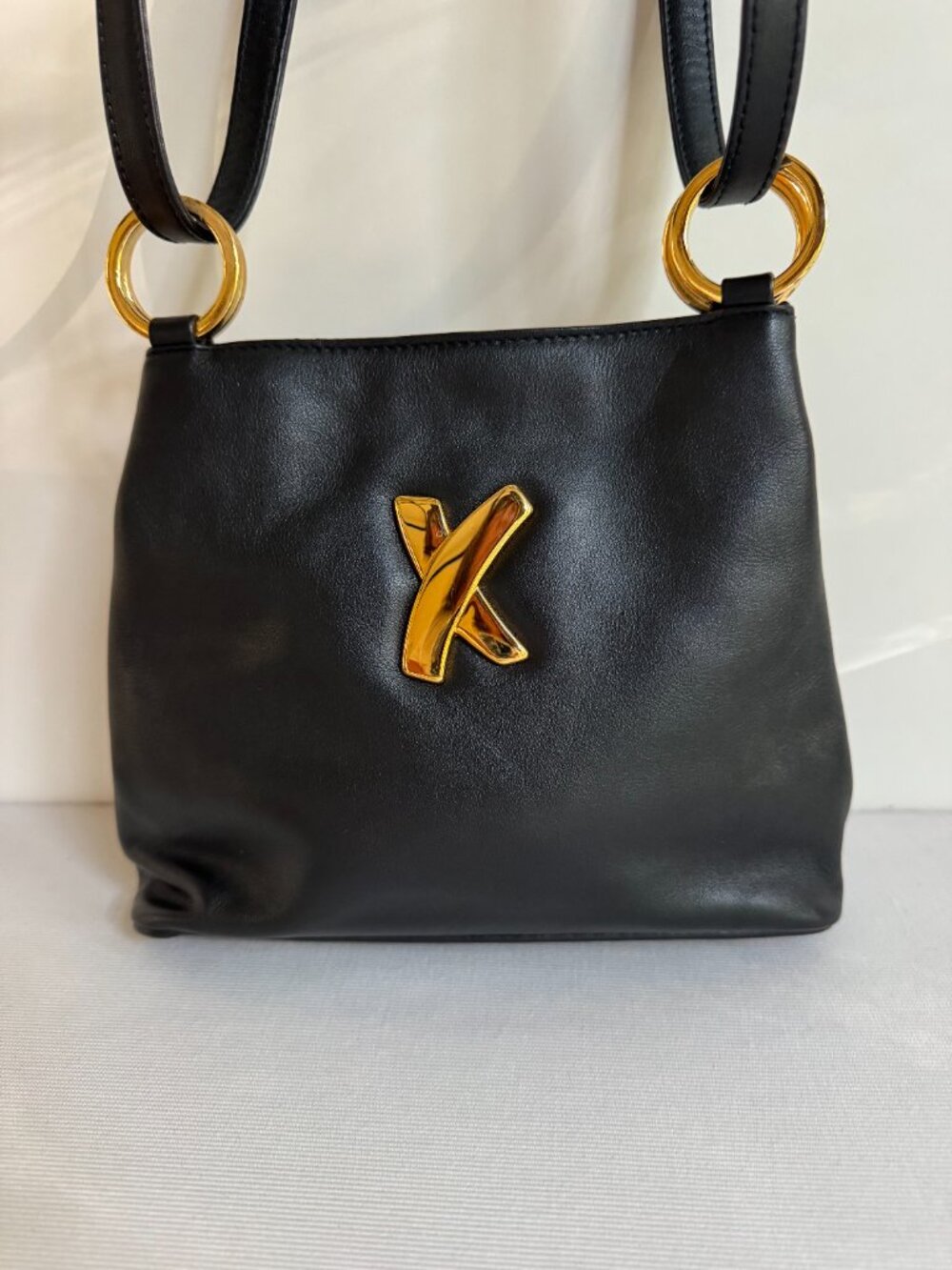 Vintage Paloma Picasso Black Leather Shoulder Bag Gold X Made in Italy